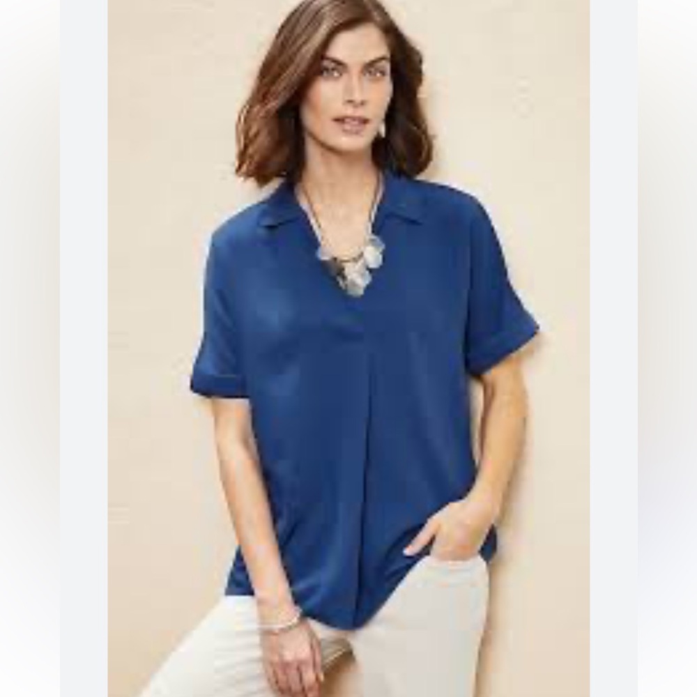 J.Jill Womens Easy Wear Button Back Top Size Small Blue V Neck Office Career
